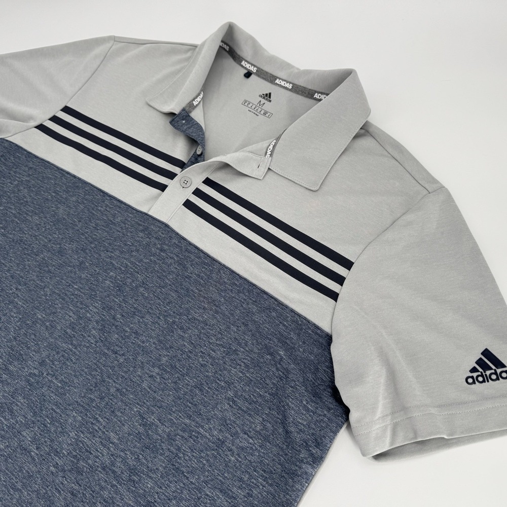 Adidas Men's Medium Heathered Colorblocked‎ 3-Stripes Gray Blue Golf Polo EUC